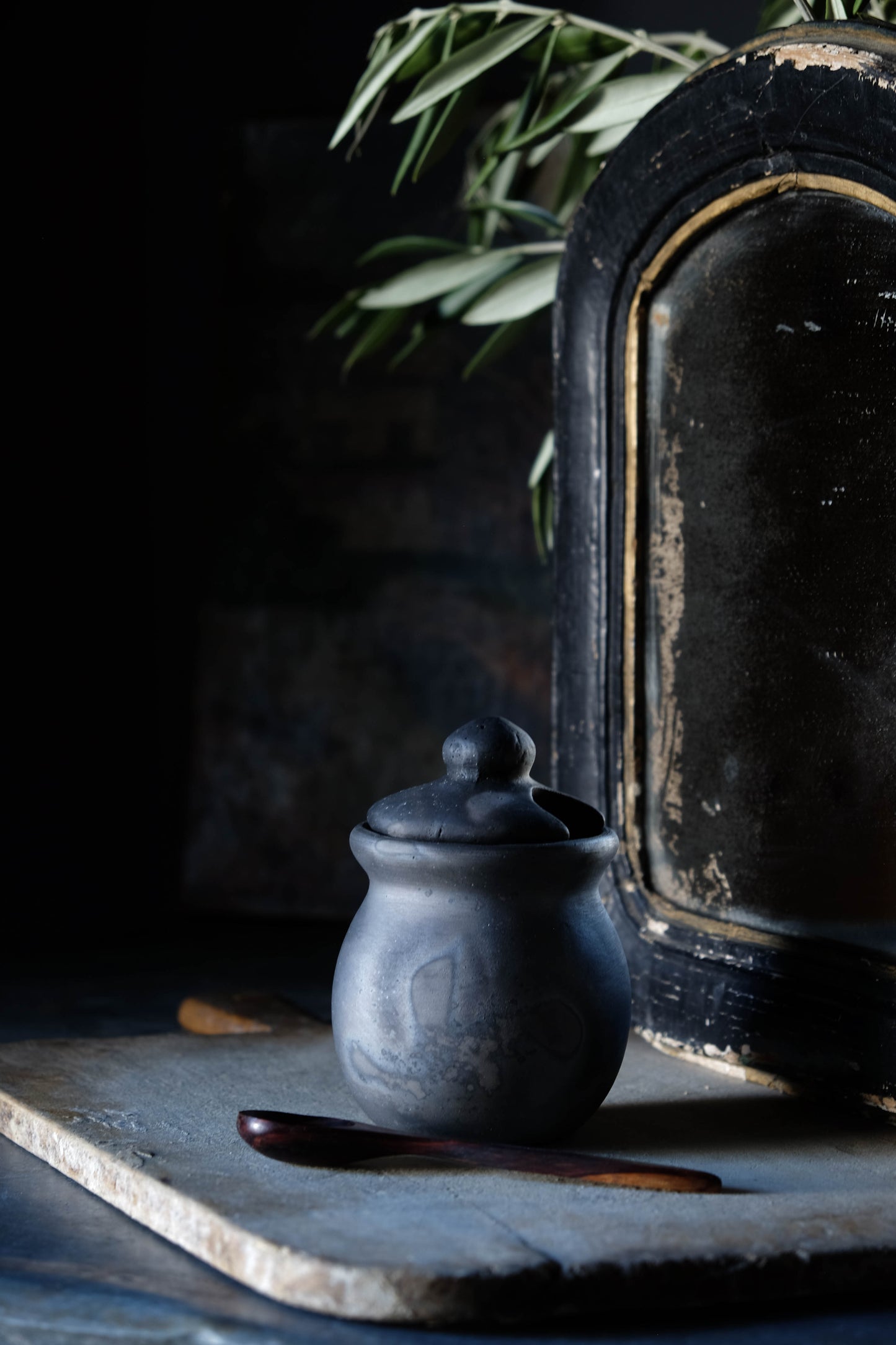 Black Clay Storage Vessel with Rosewood Spoon