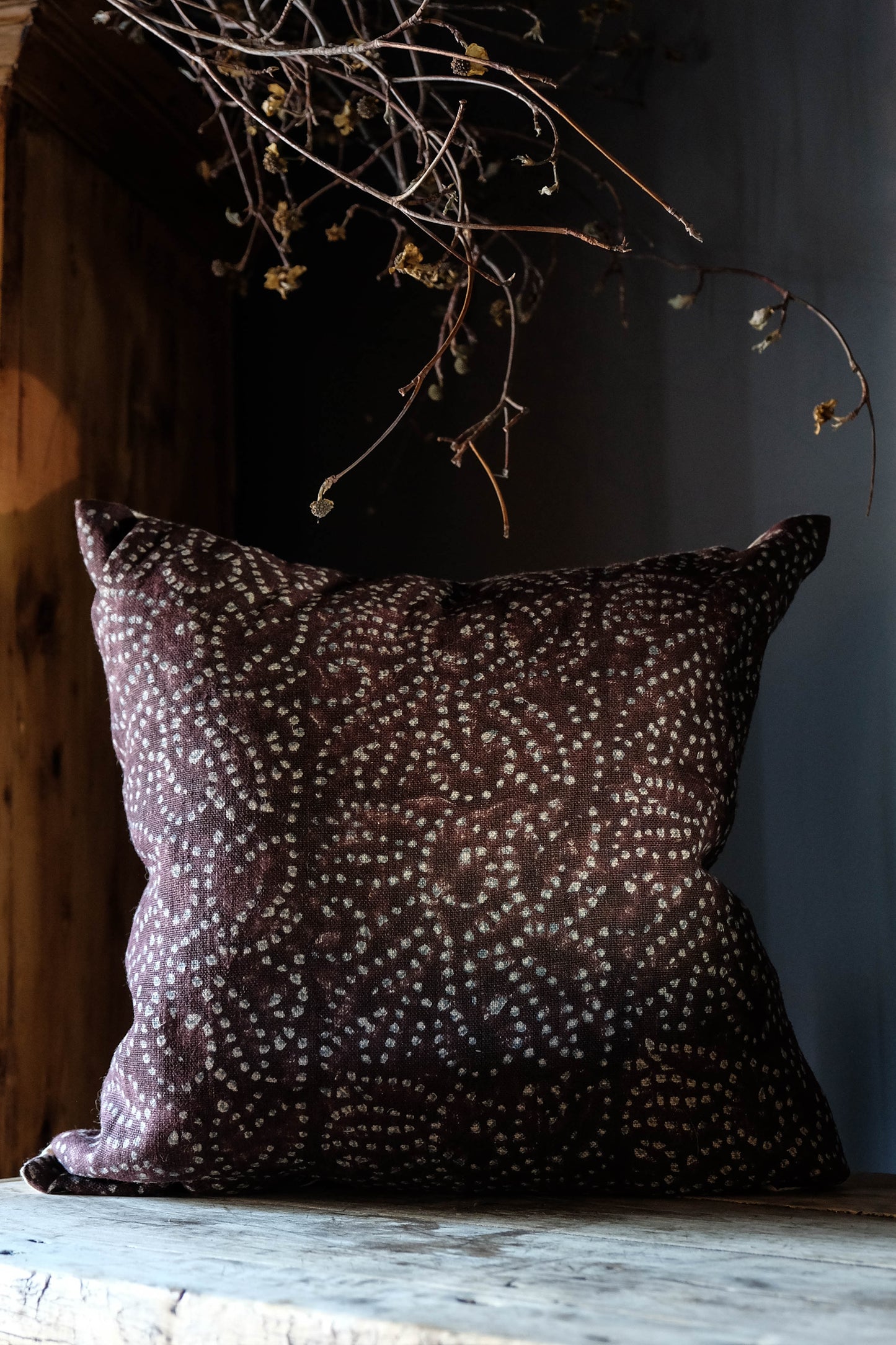 Chocolate Linen Block Print Pillow