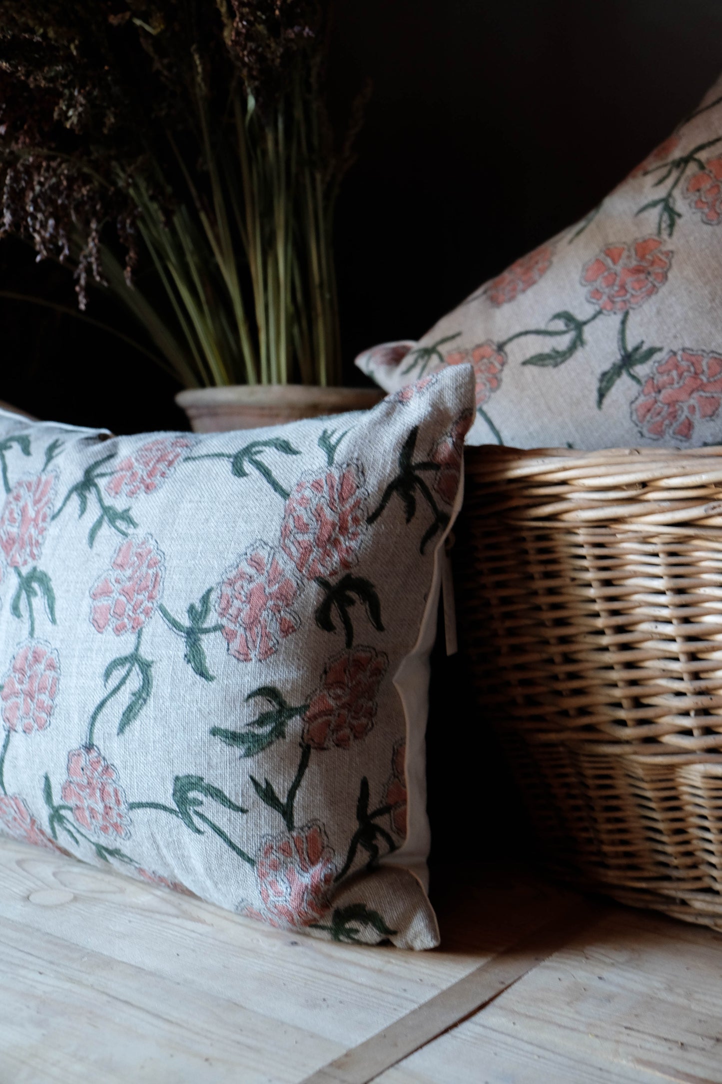 Pink Vines Lumbar Linen Block Print Pillow