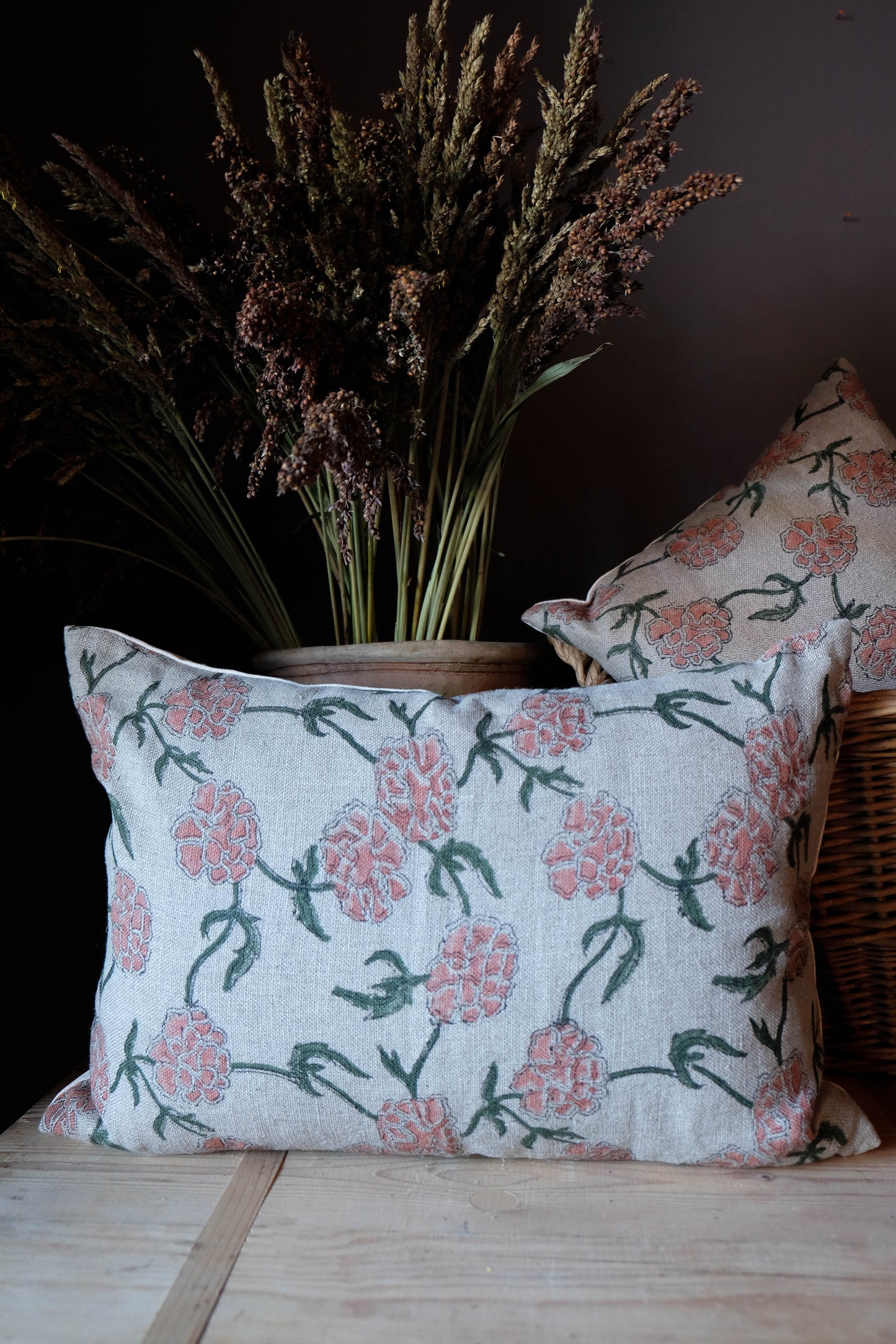 Pink Vines Lumbar Linen Block Print Pillow