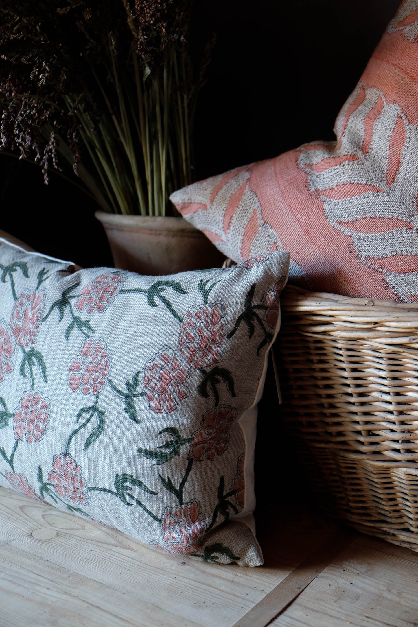 Pink Vines Lumbar Linen Block Print Pillow