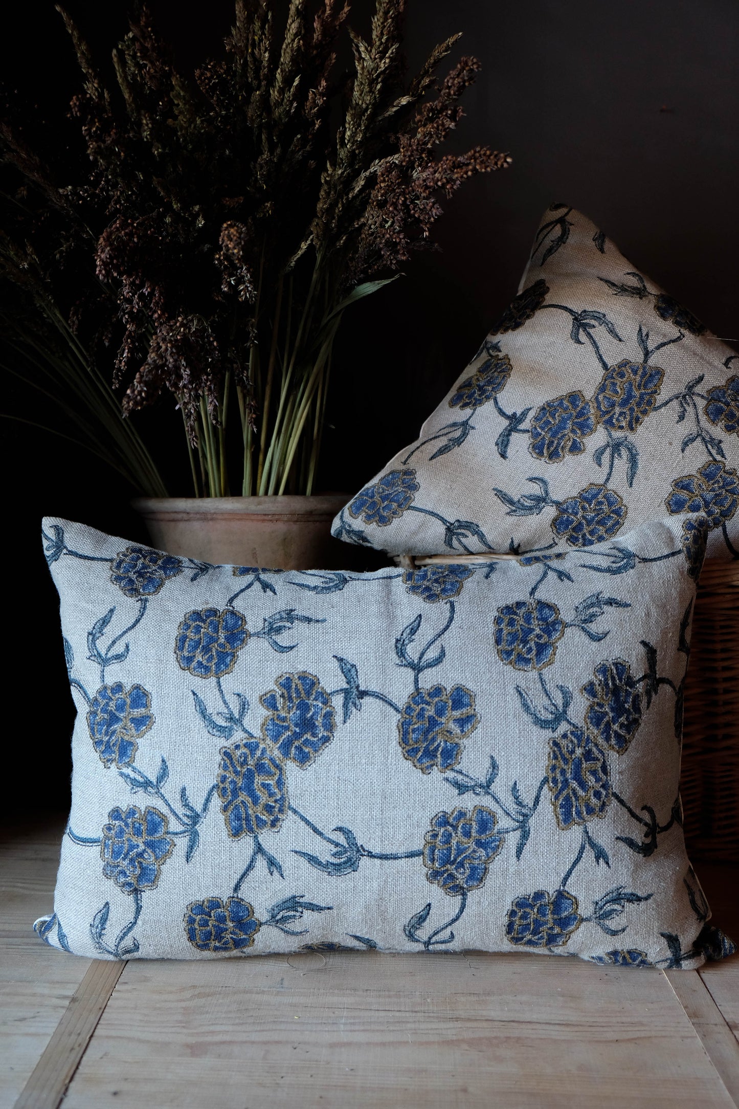 Blue Vines Lumbar Linen Block Print Pillow