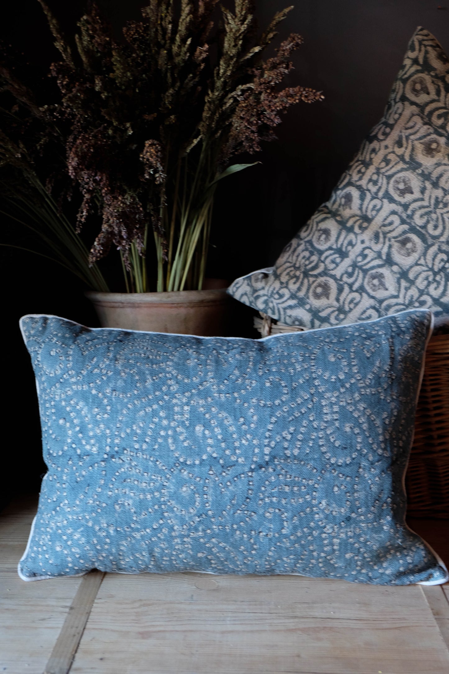 Blue Floral Dot Lumbar Linen Block Print Pillow