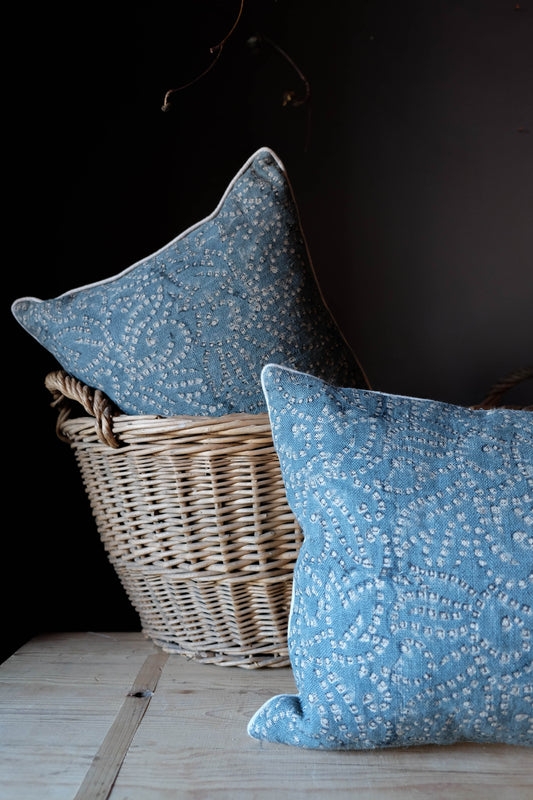 Blue Floral Dot Lumbar Linen Block Print Pillow